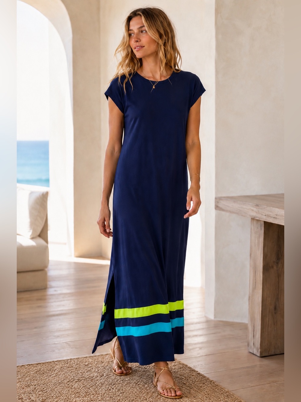 Lisa Todd Mesher Mesh Stripe Cotton Maxi Dress Navy Blue M